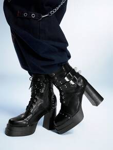 Sugerpunk A Pair Of Thick-Soled Thick-Heeled Ultra-High-Heeled Punk-Style Rivet-Laced Side-Zipped Mid-Boots, Suitable For Autumn And Winter - Black - View 4