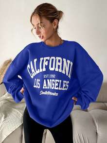 EURMUSE 女式字母印花圆领休闲长袖套头衫，秋冬 - 寶藍色 - 查看 3