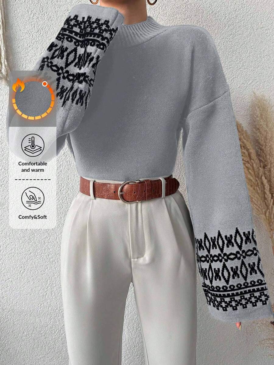 EURMUSE Women'S Geometric Pattern Sweater With Drop Shoulder - Grey - View 1