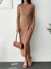EURMUSE Solid Ribbed Knit Wrap Hem Sweater Dress - Camel - View 3