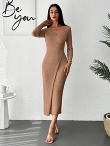 EURMUSE Solid Ribbed Knit Wrap Hem Sweater Dress - Camel - View 5