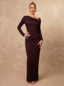 Lumalex 秋冬季不对称肩部长袖金属装饰收腰修身连衣裙，酒红色弹力连衣裙，棕色修身连衣裙，长袖连衣裙，棕色长袖上衣，奢华舞会聚会宴会，低调奢华，闪耀节日派对狂欢节郊游度假，户外盛装，层次丰富，婚礼季宴会，宰牲节派对新年时尚秋季新款女装晚宴晚会精致户外防寒必备冬季旅行装备，女士优雅连衣裙 - 咖啡棕 - 查看 7