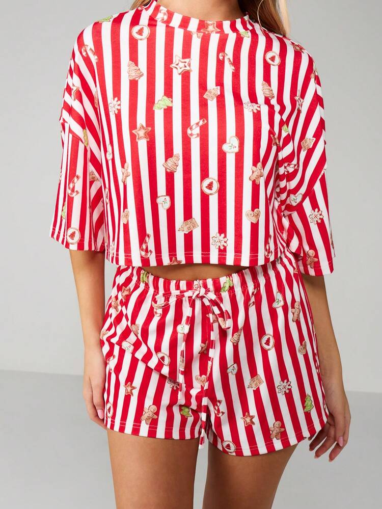 MISSGUIDED Christmas Striped Pajama Set For Women Holiday Sleepwear With Gingerbread Print Crop Top Shorts Lounge Set