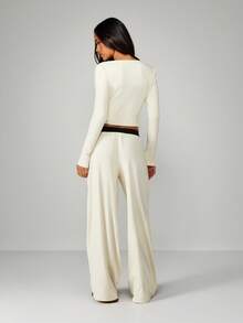 MISSGUIDED Cream Ribbed Lounge Set With Ruched Front Long Sleeve Top And Wide Leg Pants For Women Comfort Wear - Apricot - View 2