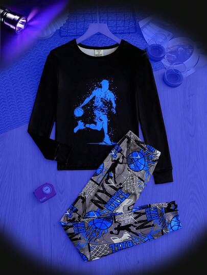 Boys' Luminous Basketball Print Soft Comfortable Snug Fit Pajama Set, Long Sleeve Top And Pants, Sleepwear, Autumn/Winter