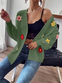 EMERY ROSE 女式落肩长袖休闲开衫，3D 花卉装饰 - 綠色 - 查看 6