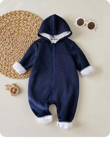 SHEIN Bộ đồ liền thân dệt kim mềm mại dày dặn màu xanh navy chải kỹ cho bé trai/bé gái có mũ trùm đầu, có khóa kéo, đa năng cho cả mặc trong nhà và ngoài trời, mùa thu/đông - Màu xanh hải quân - Xem 2