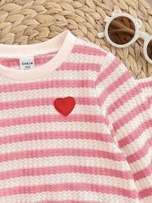 SHEIN 女婴条纹心形印花运动衫和裤子套装 - 粉色 - 查看 5