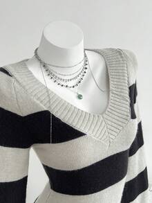 Elamini Women's Sexy Fitted V-Neck Striped Long Sleeve Sweater, Versatile - Multicolor - View 4