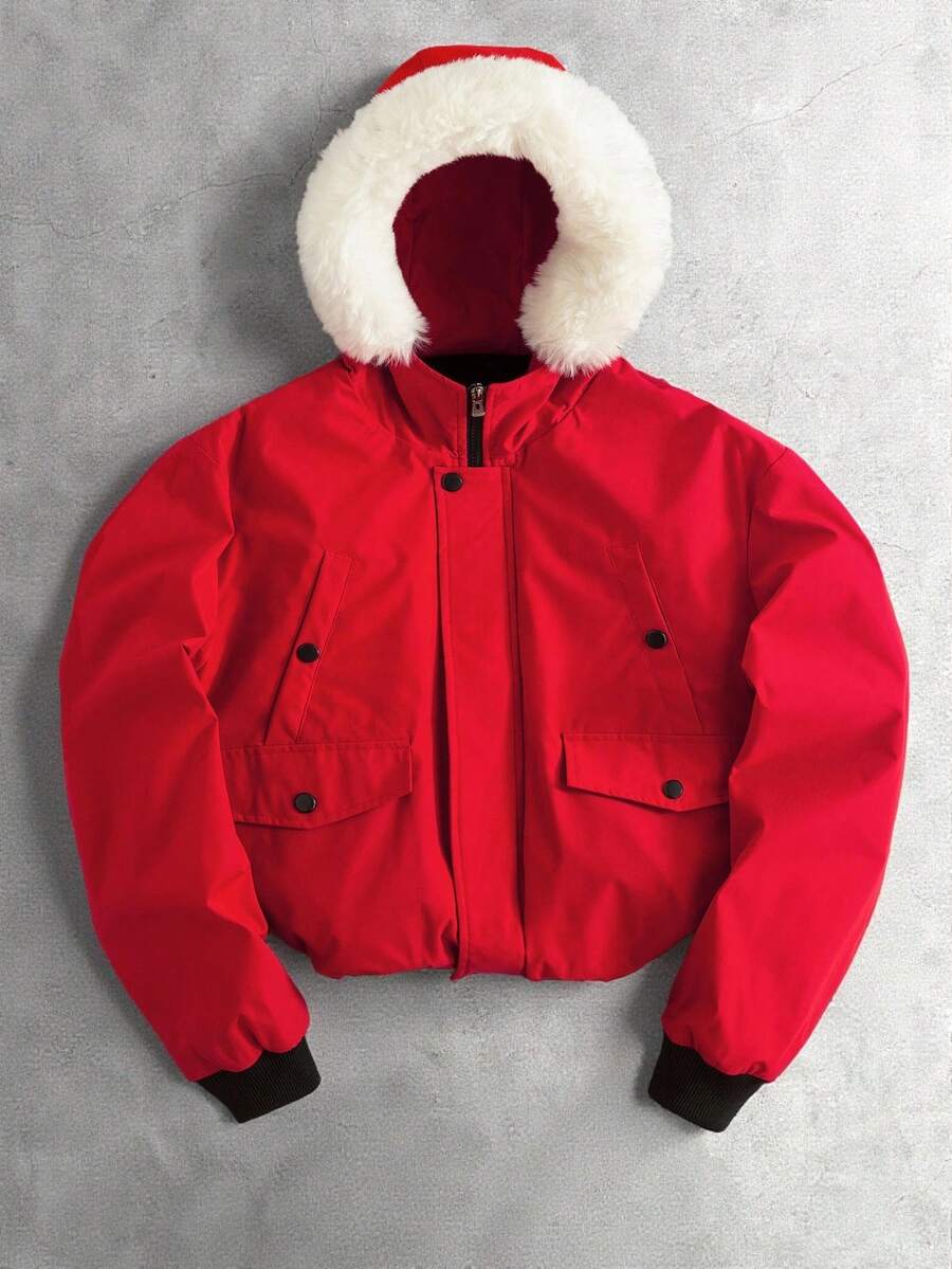 PAVTROS Men's Casual Zip-Up Fleece Trim Hooded Padded Coat, Autumn/Winter, Christmas - Red - View 1