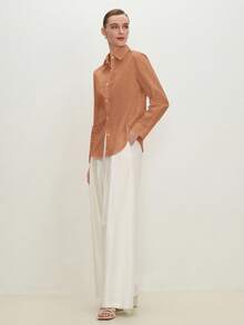 BizChic 棕色翻领纽扣衬衫，现代优雅，都市通勤日常浪漫90年代复古风，适合圣诞节、新年、情人节、派对、海滩、毕业典礼、时尚、休闲、浪漫场合，也适合婚礼宾客、主人、约会、聚会、音乐会、早午餐、机场等场合。 - 棕色 - 查看 7