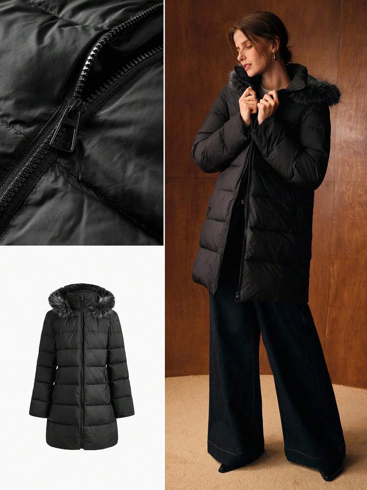 CONTRAST FAUX FUR ZIPPER HOODED WINTER COAT