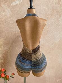 Soleia Winter Clothes Women's Fashion Sexy Contrast Stripe Backless Halter Neck Knit Romper - Multicolor - View 2