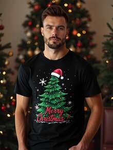 Manfinity Homme Camiseta de manga corta negra casual para hombres con estampado de copos de nieve navideños, árbol de Navidad y lema "Feliz Navidad"