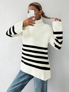 EURMUSE Women's Striped High Neck Raglan Sleeves Sweater - White - View 3