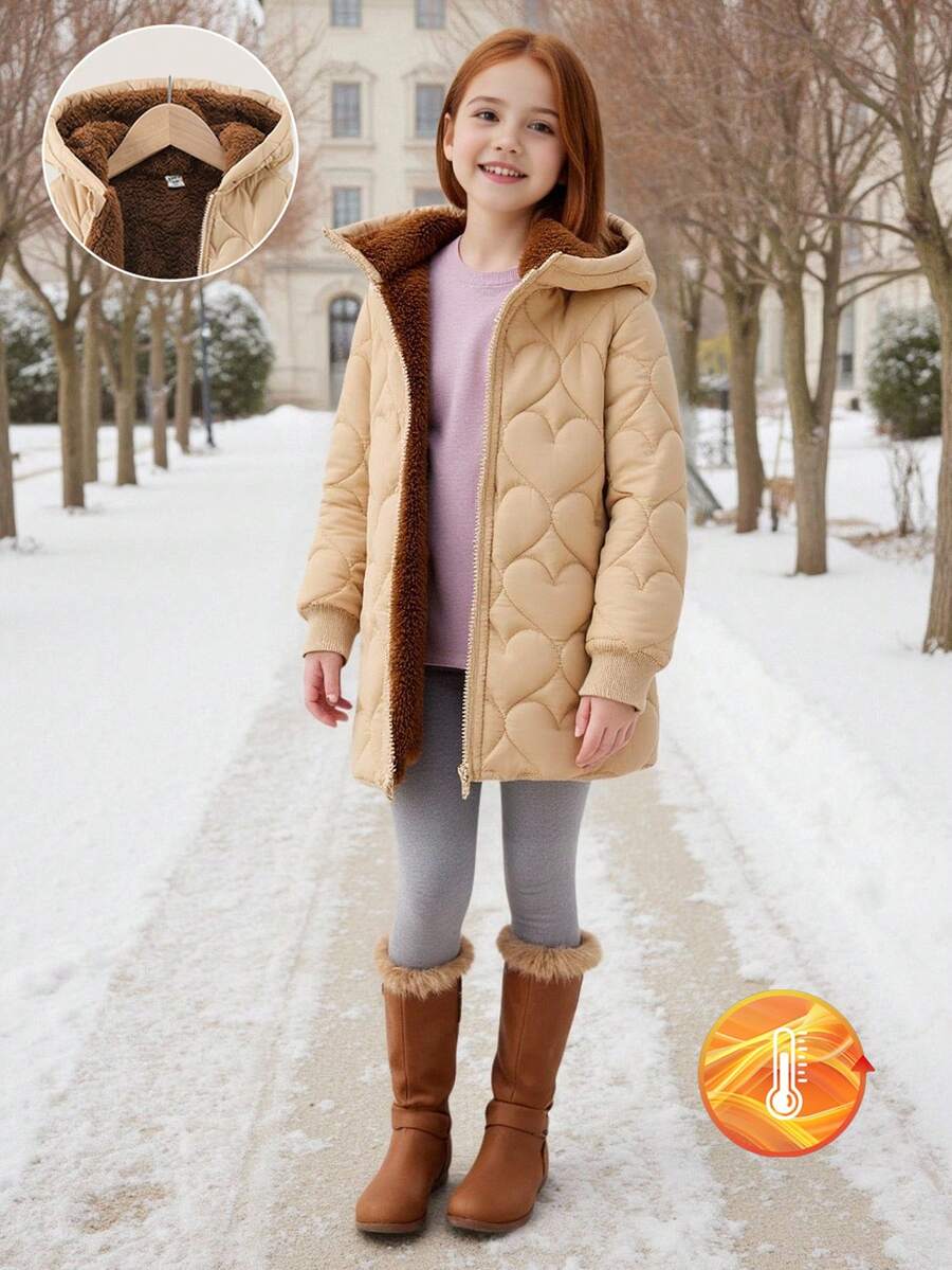 SHEIN Elladie kids 女童拉鍊連帽毛絨內裡加厚外套 女童外套 童女外套 童女冬季夾克 童女黑色外套 - 卡其色 - 查看 1
