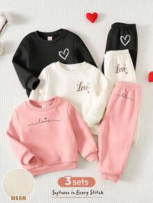 Cozy Pixies 3件套女婴休闲通勤字母爱心印花保暖套头卫衣和松紧腰运动裤套装，秋冬季女婴黑白粉色保暖休闲套装 - 彩色 - 查看 3