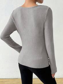 Almamuse 复古不对称垂坠领口纹理褶饰修身长袖 T 恤 - 灰色 - 查看 2