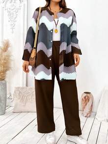 EMERY ROSE Plus Size Double-Layer Collar Buttoned Top & Textured Wide-Leg Pants Set - Brown - View 4