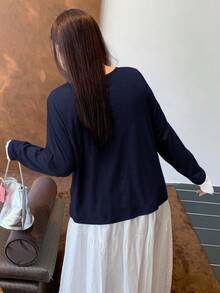 Dazy Plus 撞色蝴蝶结装饰二合一时尚长袖T恤，适合大码女性 - 藏蓝色 - 查看 3