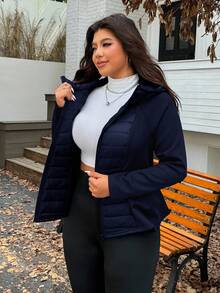 SHEIN EZwear 大码女式海军蓝连帽夹克，秋冬 - 藏蓝色 - 查看 7