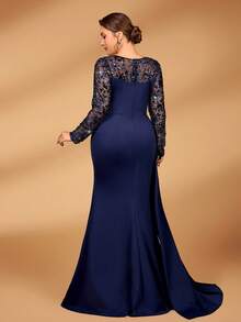 Serin Váy maxi đuôi cá xếp nếp bằng vải satin co giãn, đính ngọc trai và sequin sang trọng, thanh lịch cỡ lớn, xẻ tà bên hông, thích hợp cho đám cưới, tiệc tùng, kỳ nghỉ, dạ hội, váy dạ hội cho mẹ cô dâu - Màu xanh lam - Xem 5