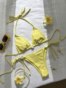Swim Mod Women's Solid Color Halter Floral Decor Bikini Set, Spring/Summer - Yellow - View 3