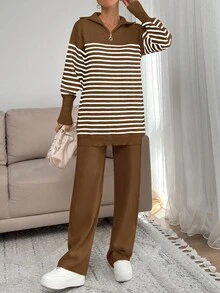 EURMUSE Women Stripe Pattern Zip Detailed Neck Drop Shoulder Pullover & Sweater Pants Set - Brown - View 4