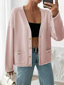 EURMUSE Women Solid Color Deep V-Neck Handmade Stitch Detailed Cardigan - Baby Pink - View 4
