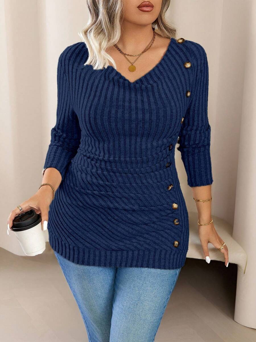 Calvaya 大码圆领长袖修身条纹单排扣T恤