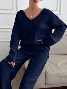 SHEIN Tall 高个女款V领宽松毛衣和针织裤套装 - 藏蓝色 - 查看 2