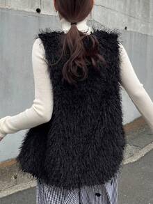 FRIFUL 女士纯色V领毛绒优雅时尚上衣，秋冬款 - 黑色 - 查看 2