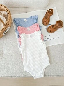 3pcs/Set Newborn Baby Girls Cute Solid Color Sleeveless Bodysuits, Summer - White - View 6