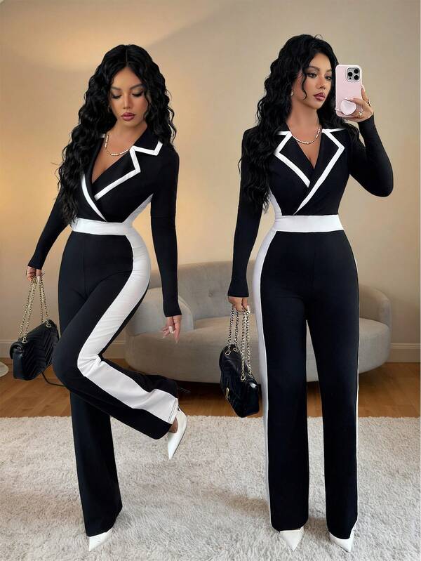 Elenzga Women's Colorblock Lapel NeckLong Sleeve Elegant Jumpsuit