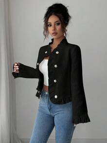 Elenzga 时尚优雅的通勤荷叶边拼布夹克 - 黑色 - 查看 6