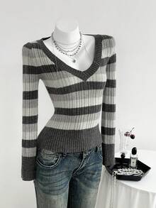 Elamini Suéter de punto ajustado con cuello en V, mangas largas y hombros regulares, a rayas, sexy y de moda para mujer