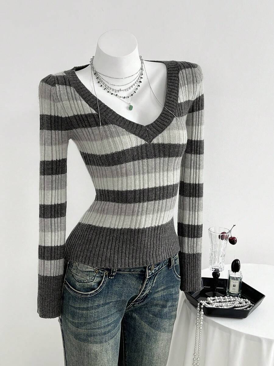 Elamini Suéter de punto ajustado con cuello en V, mangas largas y hombros regulares, a rayas, sexy y de moda para mujer