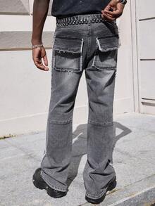 ROMWE MEN Street Life Men's Fashion Frayed Pocket Slim Fit Casual Denim Jeans