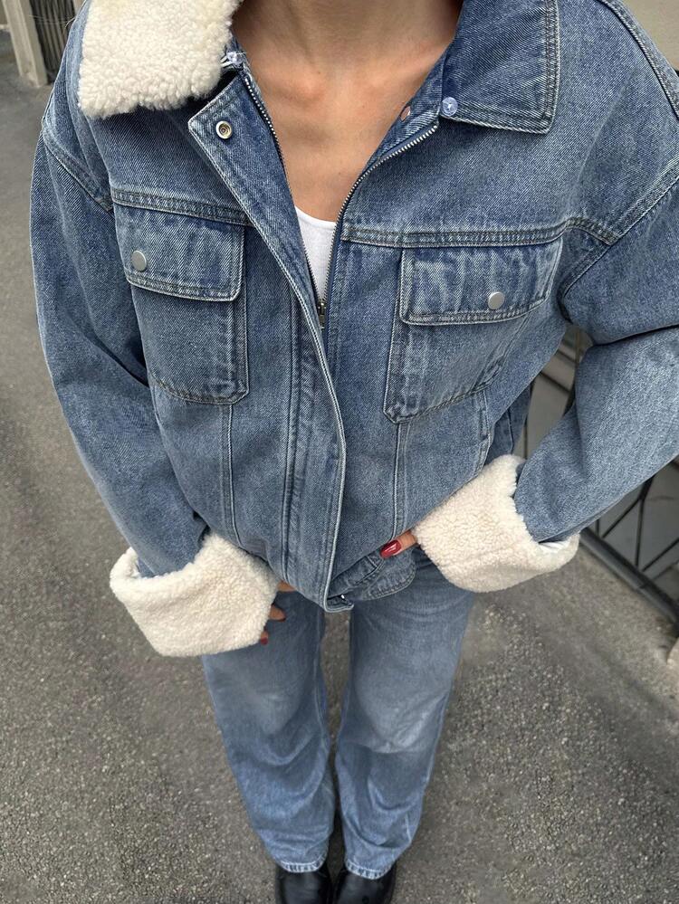 CONTRAST FAUX FUR BUTTON UP DENIM WINTER COAT