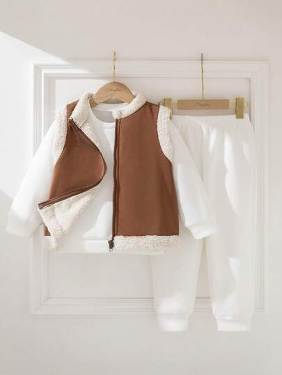 Souflis 2025 Autumn/Winter Young Boys 3 Pieces Set: Fleece-Lined Soft Sweatshirt Set + Faux Lamb Wool Vest, Simple & For School, Outdoor, Home Wear