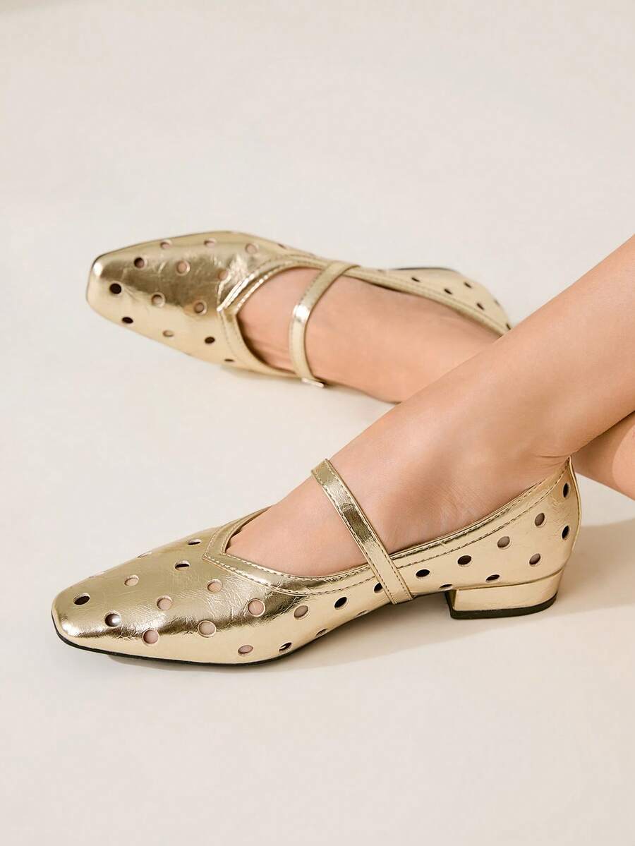 CUCCOO CHICEST 女士镂空方头平底鞋，优雅简约时尚舒适金色金属仿皮玛丽珍鞋，适合下午茶、派对、职场、度假、万圣节 - 金色 - 查看 1