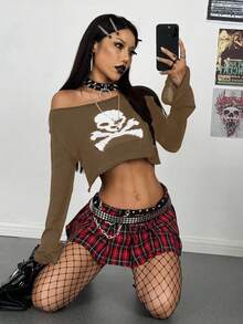 StreetHx New Halloween Black & White Hollow Out Cropped Loose Fashionable Mischievous Dark Bell Sleeve Sweater - Brown - View 6