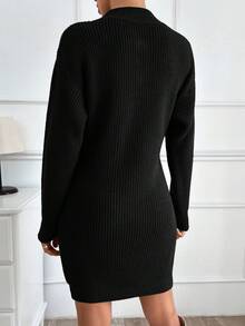 EURMUSE Rochie casual tricotată de culoare solidă cu fermoar pentru femei - Negru - Vizualizare 3