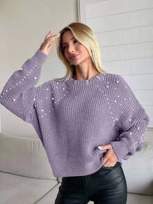 EURMUSE Damen Pullover mit Rundhalsausschnitt, Rippenstruktur und Perlenverzierung, Langarm Strick - Lila - Übersicht 4