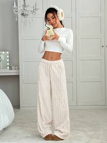 CovetEZ Women's Solid Color Drawstring High Waist Fluffy Wide Leg Casual Pants