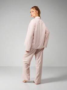 MISSGUIDED Striped Bow Front Pajama Set Long Sleeve Button Up Sleepwear Lounge Comfort Wear - Pink - View 2