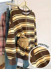 Resyla Sudadera casual de cuello redondo con estampado de rayas de colores para mujer, de manga larga, para otoño/invierno