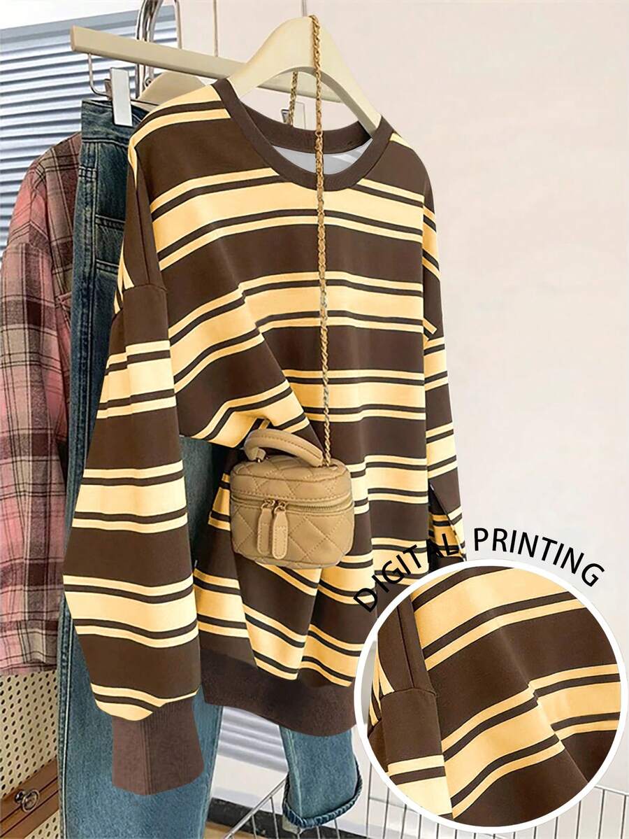 Resyla Sudadera casual de cuello redondo con estampado de rayas de colores para mujer, de manga larga, para otoño/invierno
