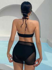 DAZY Circular Detail Halter Triangle Cup Bikini Set With Skirt And Cover-Up For Summer Beach,Tankini Bathing Suit Vacation - Black - View 5