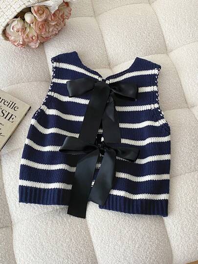 Elamini 女士休闲通勤条纹蝴蝶结后背宽松针织毛衣背心，秋冬